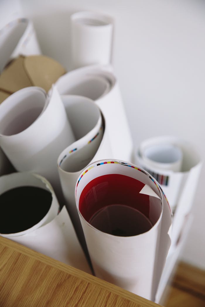 Close-up of rolled posters with colorful edges on a wooden table, indoors.